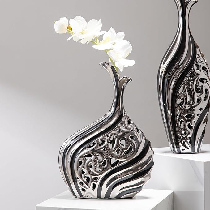 Tall Silver Black Floor Vase 38cm Modern Pampas Grass Luxury Decor