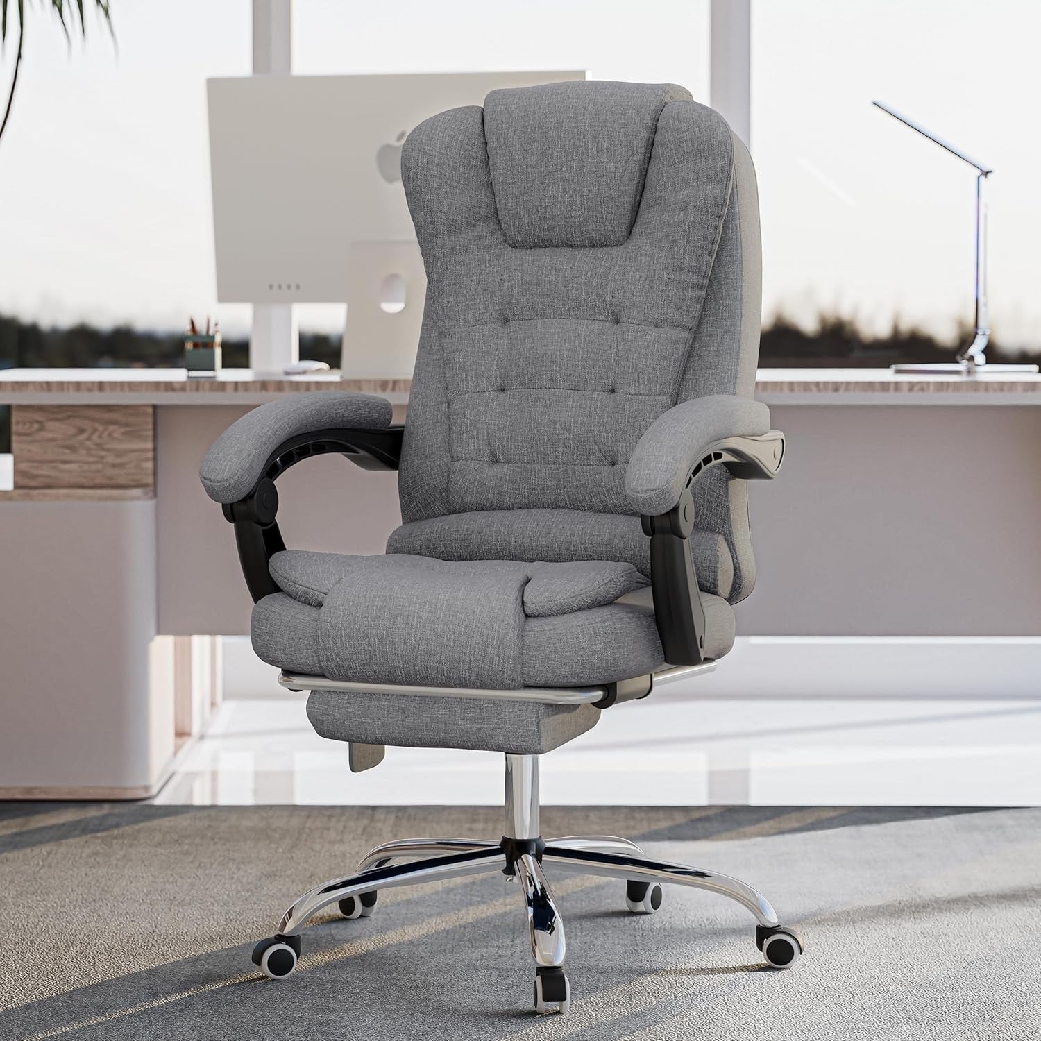 Luxury Massage Office Chair Recliner Linen High Back Desk Seat Footrest Grey