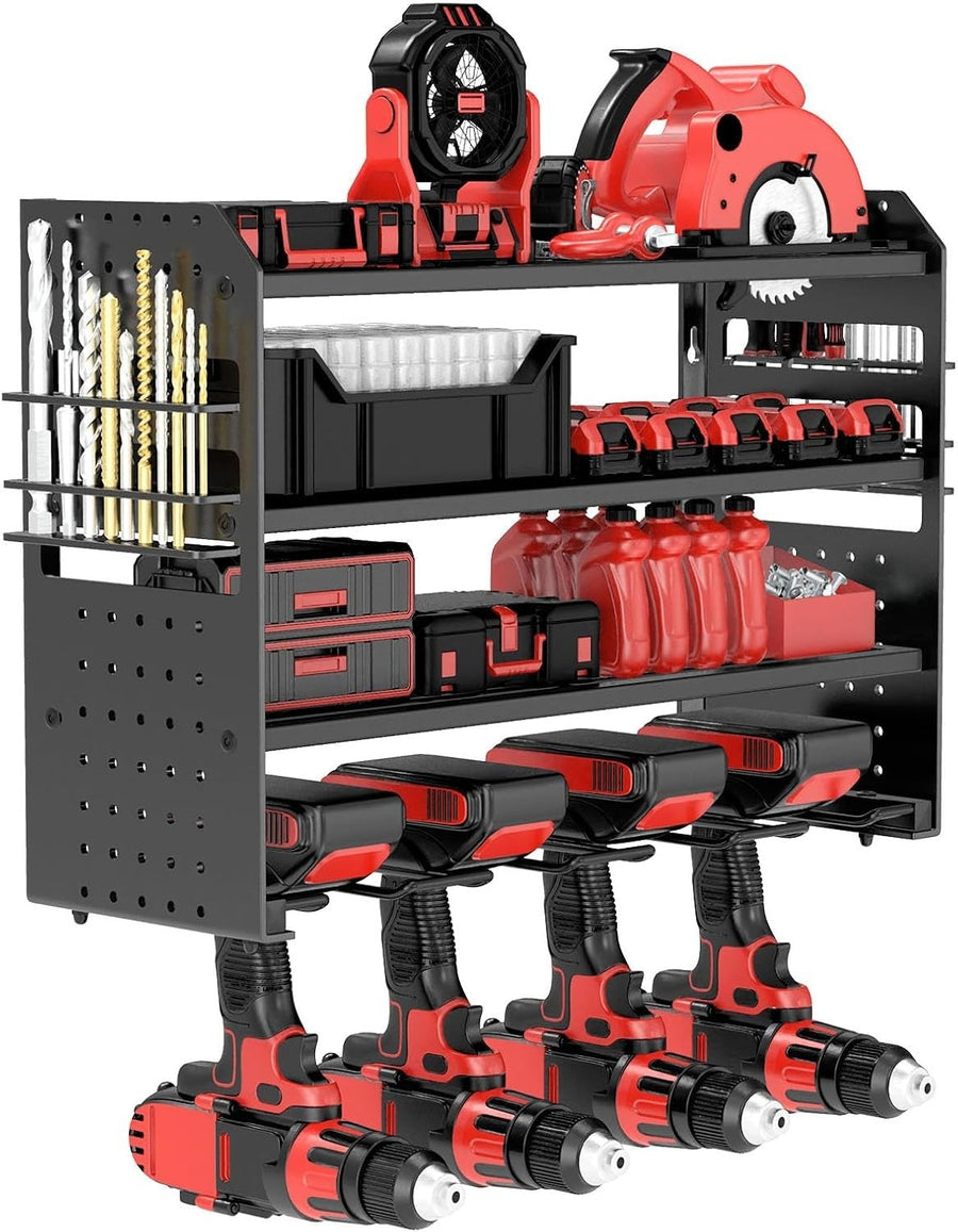 Wall-Mounted Power Tool Rack 4-Tier Screwdriver & Plier Holder Black