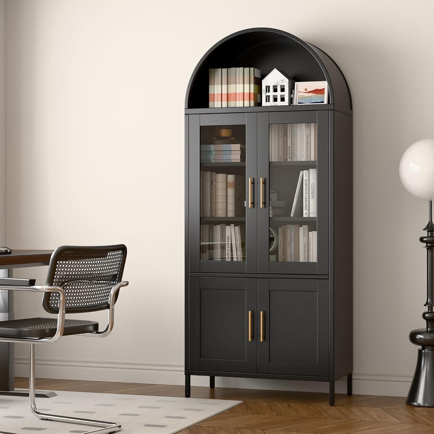 Tall Black Metal Kitchen Cabinet Glass Doors Storage Unit Pantry Cupboard