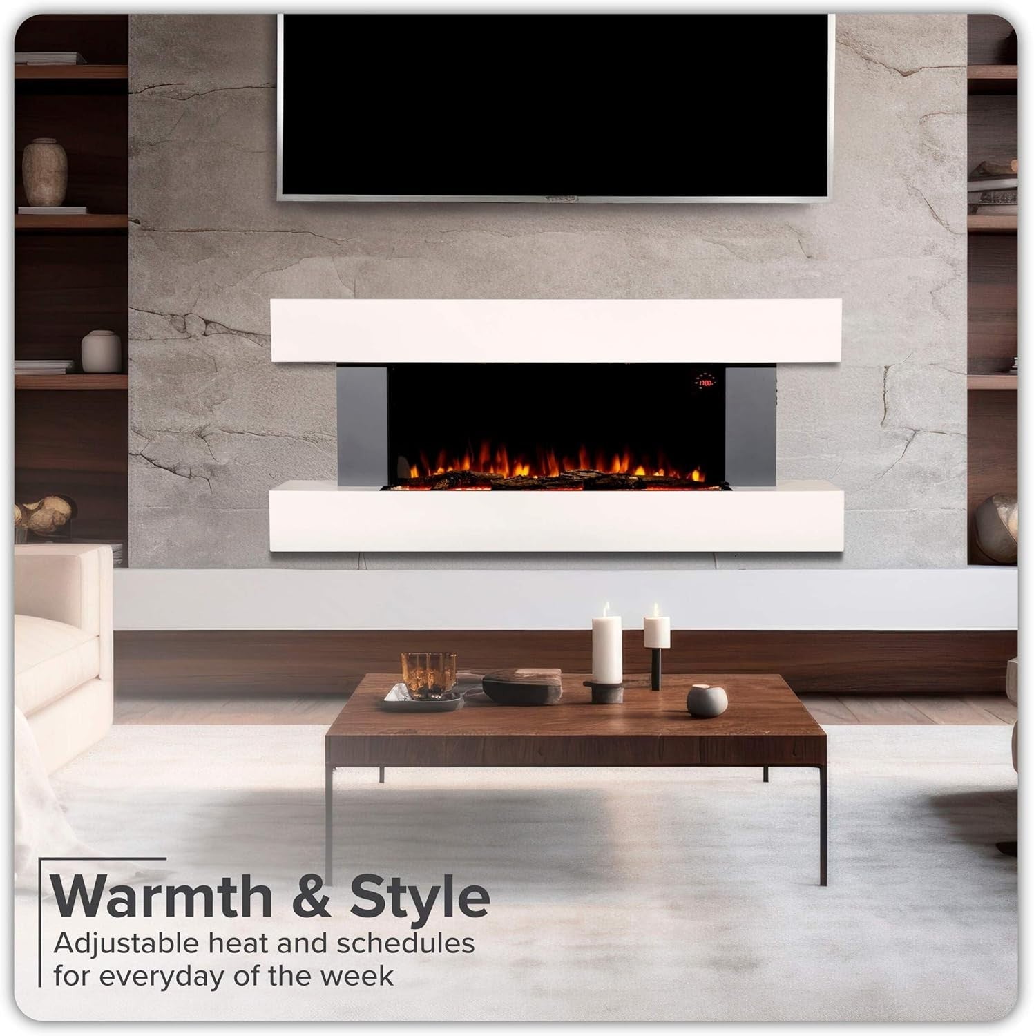 52" Wall Mounted Electric Fireplace LED Flame Heater Grey Glass Unit