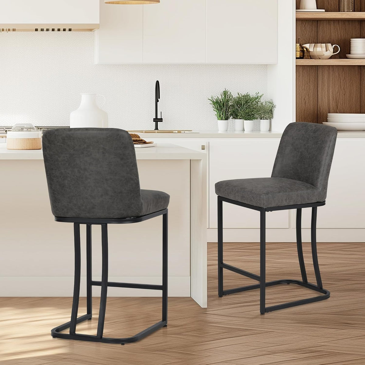 2PC Light Gray PU Leather Bar Stools – Adjustable Kitchen Counter Chairs