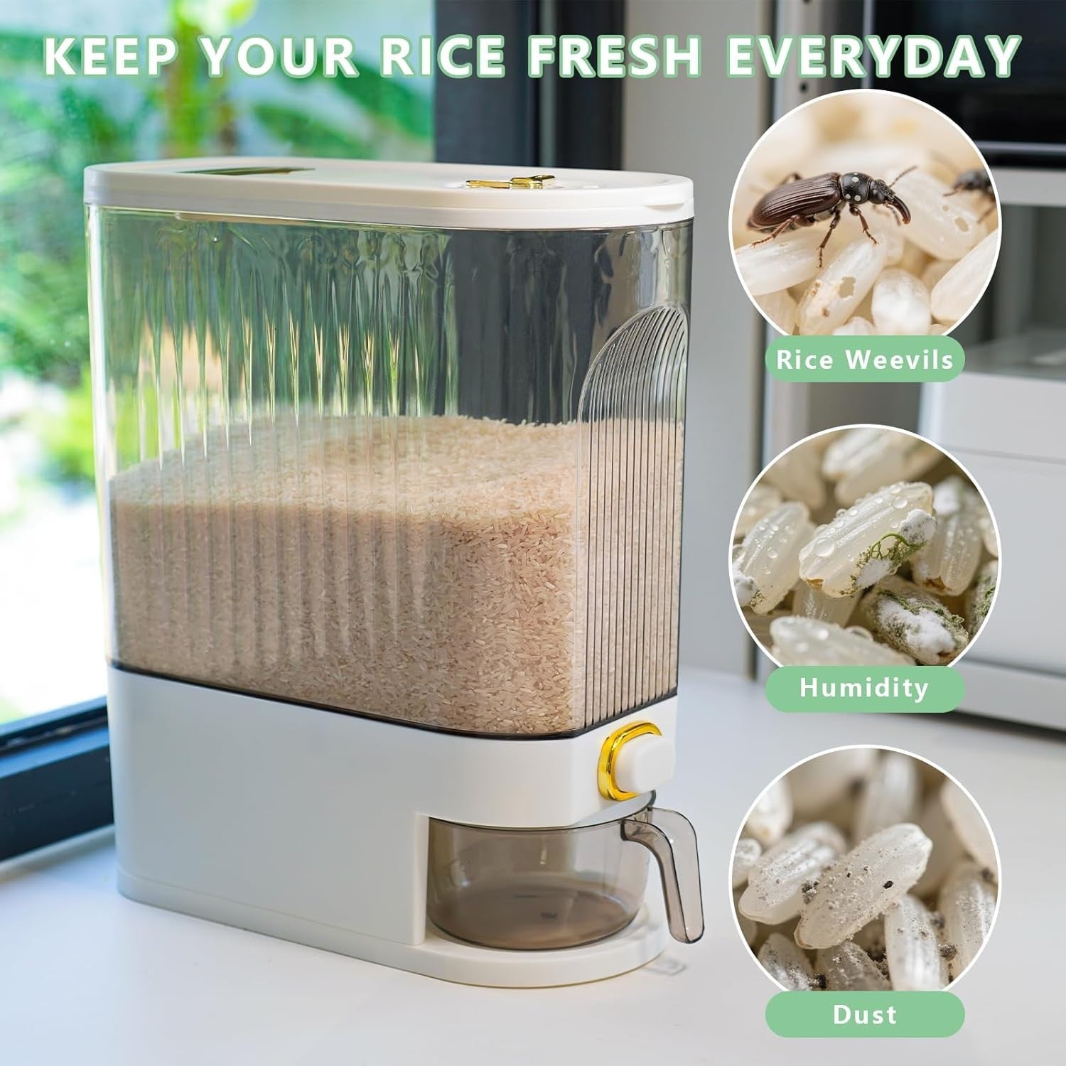 10KG Rice Storage Container Clear Grain Dispenser with Date Dial Cup
