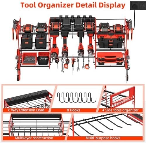 Wall Mounted Power Tool Organizer 8 Drill Charging Rack Red