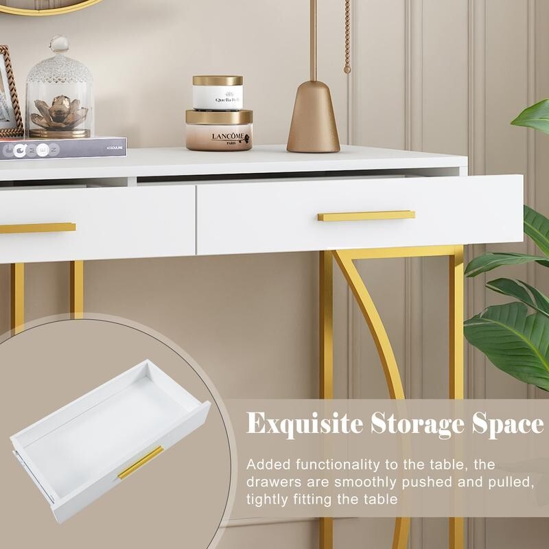 Modern White & Gold Console Table with 2 Drawers – 110cm MDF Metal Frame