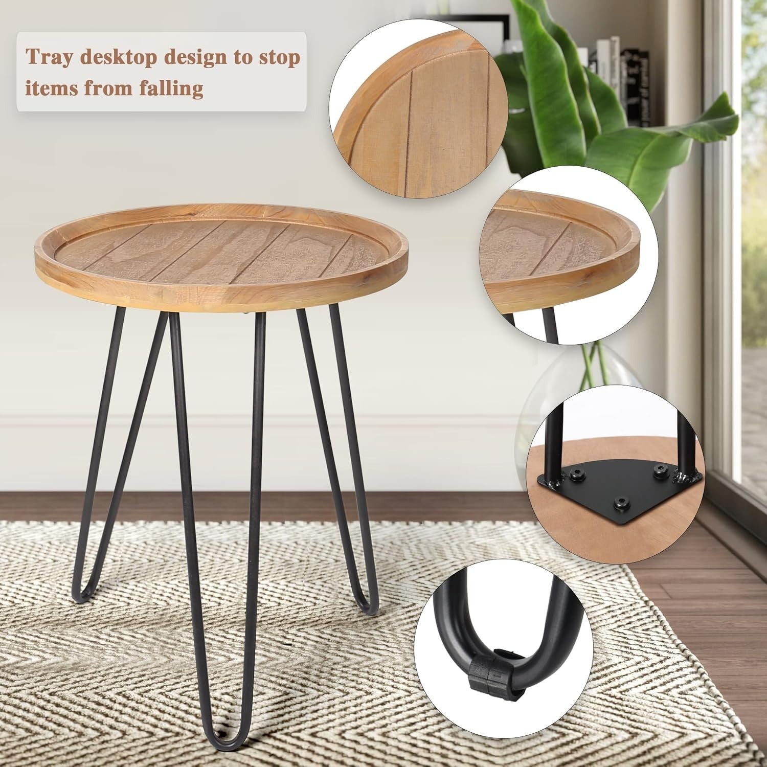 Round Wood Nesting Coffee Table Set of 2 End Side Tables Metal Frame Natural