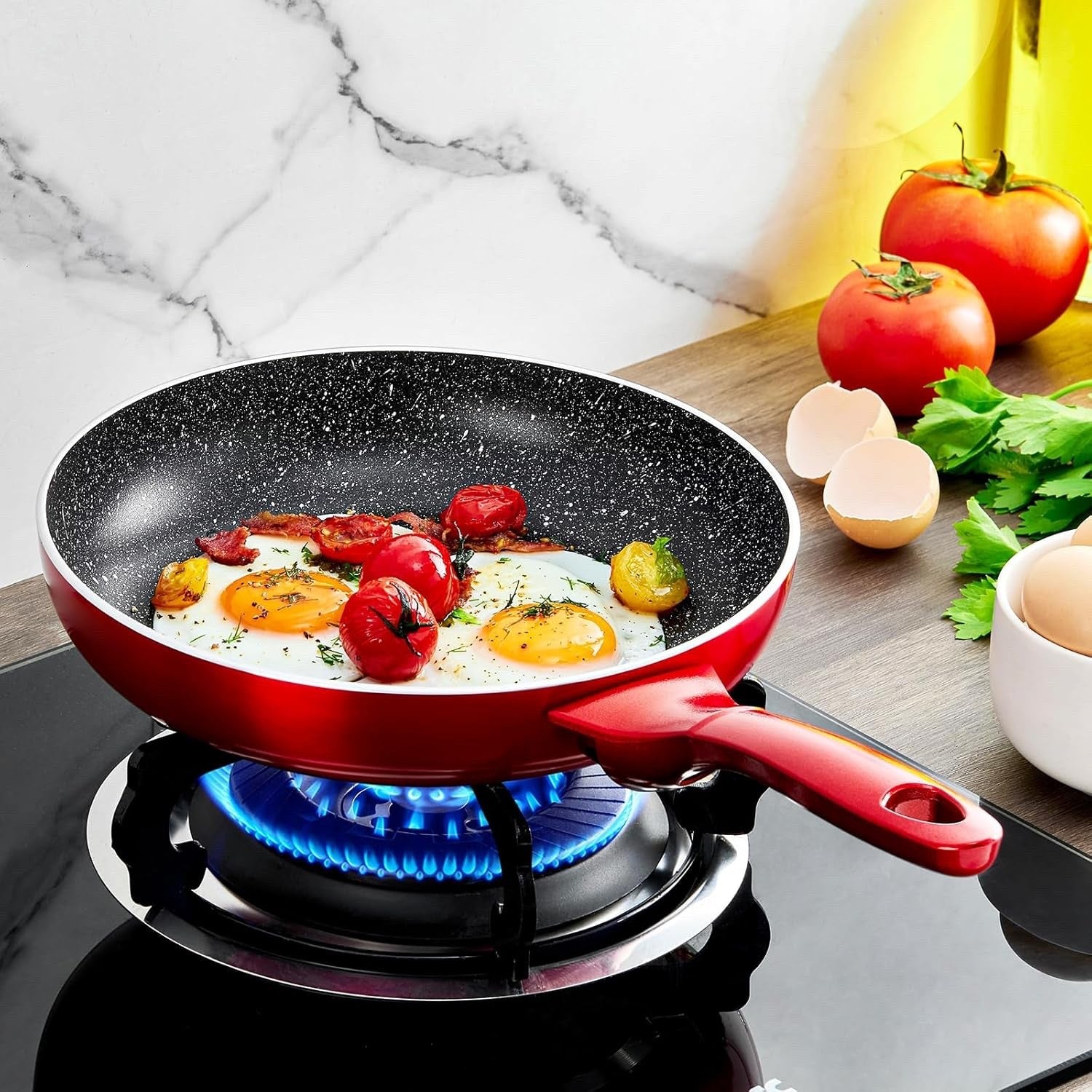 10Pcs Red Non Stick Cookware Set with Glass Lids, Induction Compatible