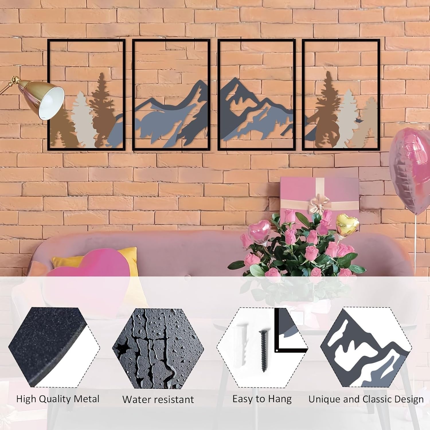 4Pc Metal Mountain Forest Wall Art Rustic Nature Decor Black