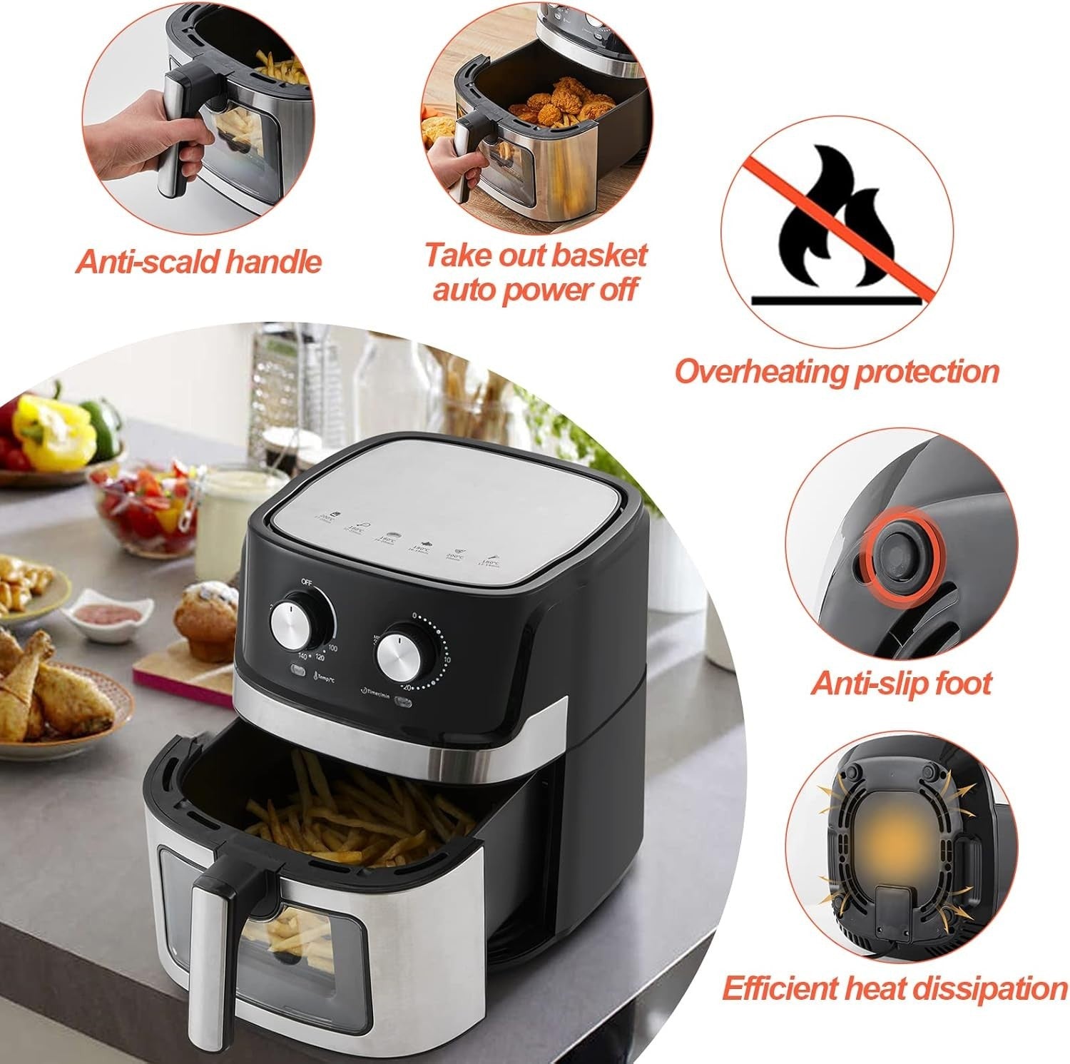 6.5L Air Fryer 1700W Rapid Air Dual Knob Window Non Stick Basket