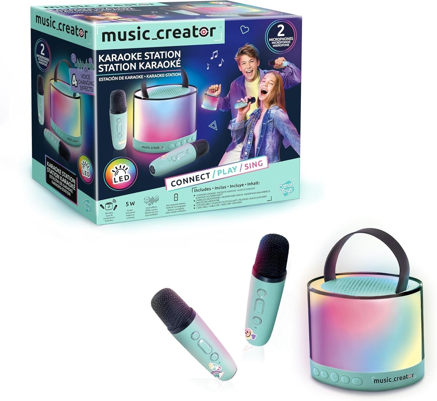 Pink Kids Karaoke Station 2 Wireless Mics LED Lights Bluetooth