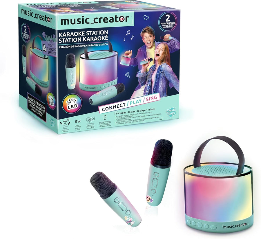 Pink Kids Karaoke Station 2 Wireless Mics LED Lights Bluetooth