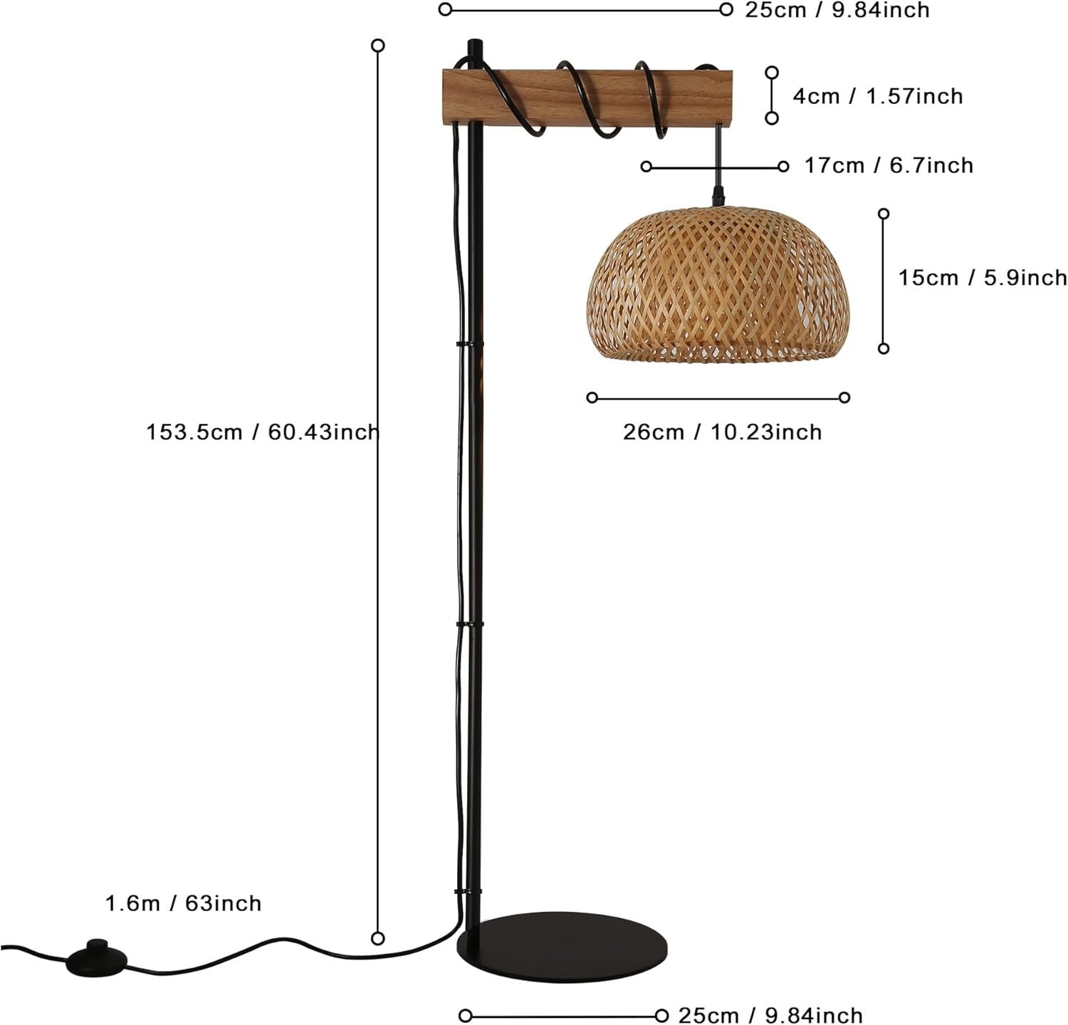 Boho Rattan Floor Lamp with Bamboo Shade & Foot Switch, 150cm Tall