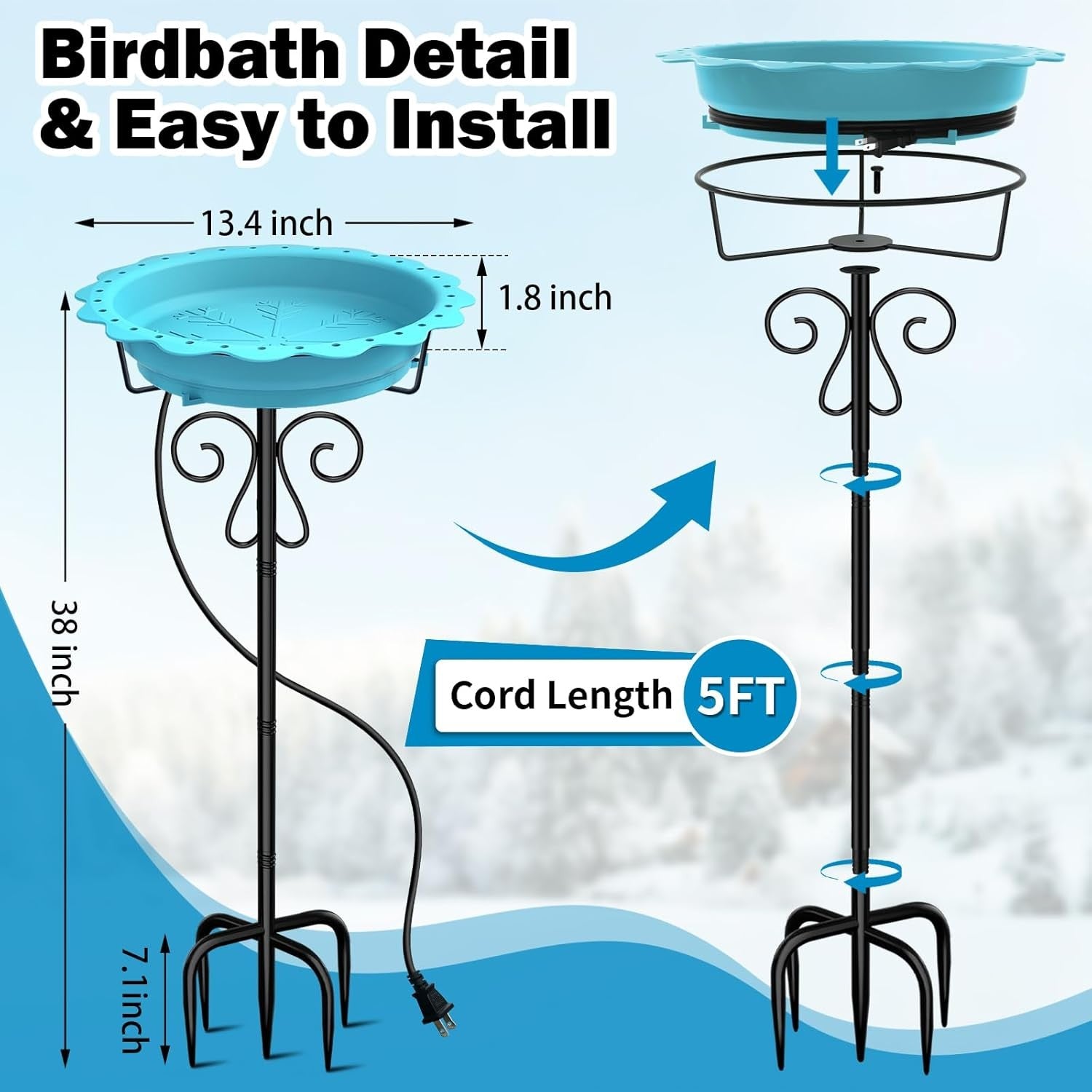 Heated Bird Bath Blue Outdoor Water Feeder 100W Thermostat Metal Stand Winter