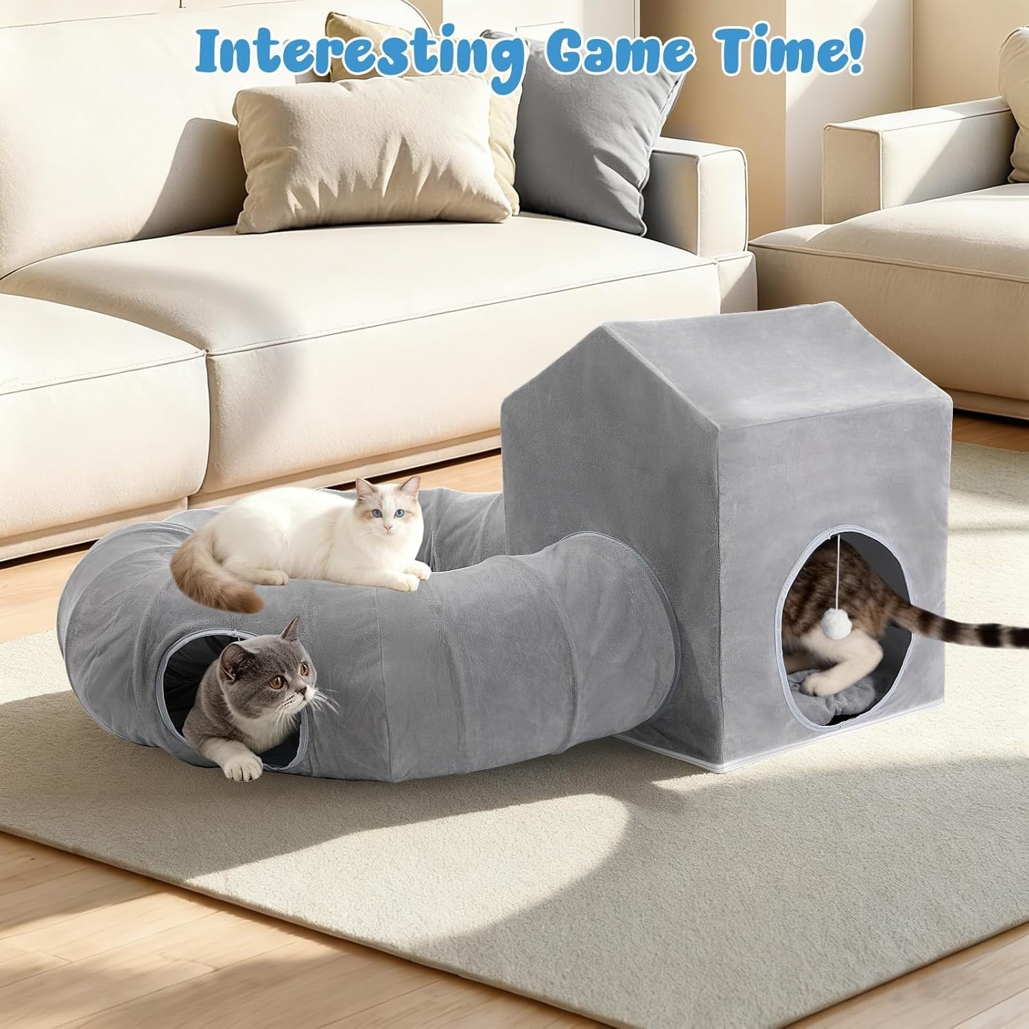 Cat Donut Tunnel Bed w Square House Peekaboo Play Cave Washable Gray