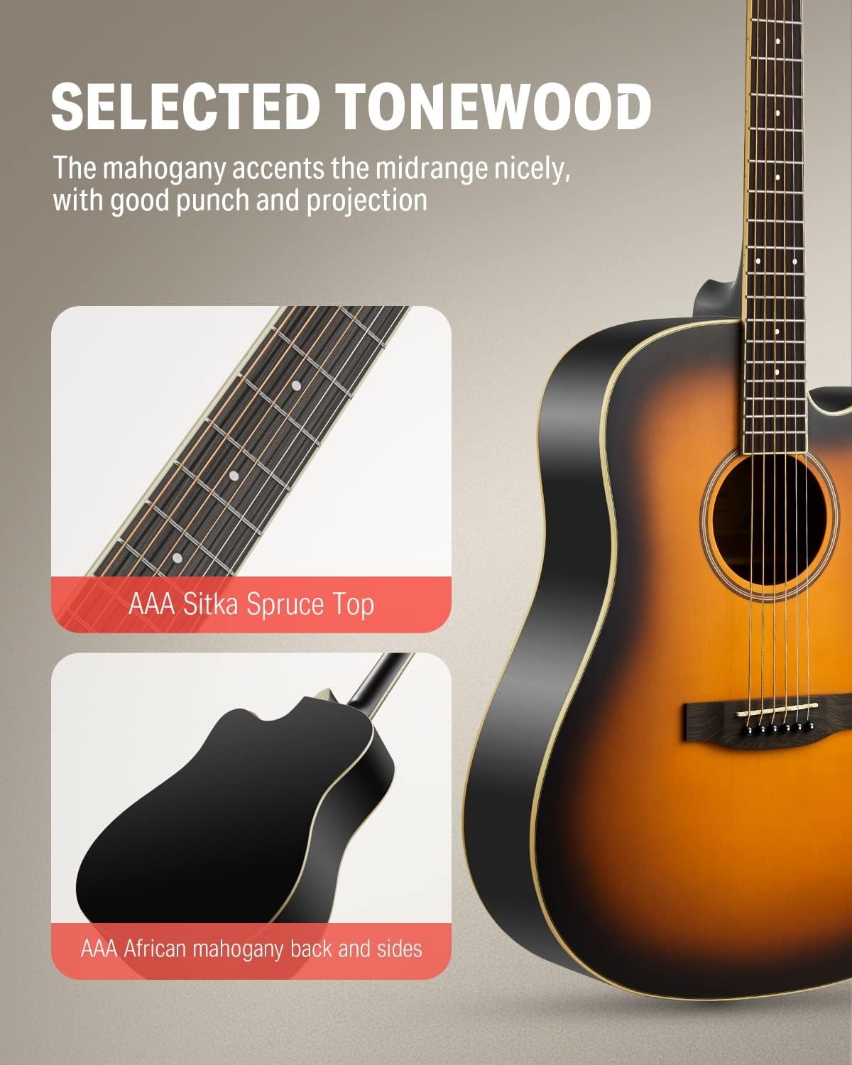 Full Size 4/4 Cutaway Acoustic Guitar Starter Kit w/ Bag Tuner