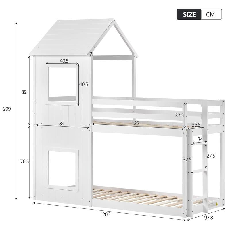 Kids Bunk Bed with Treehouse Canopy 3FT White Cabin Frame Mid Sleeper Ladder