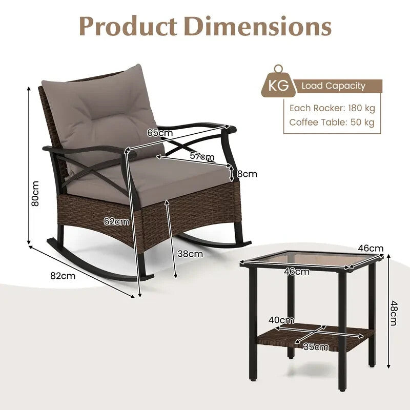 Patio Rattan Rocking Chair Set 3PC With Glass Top Coffee Table Cushions