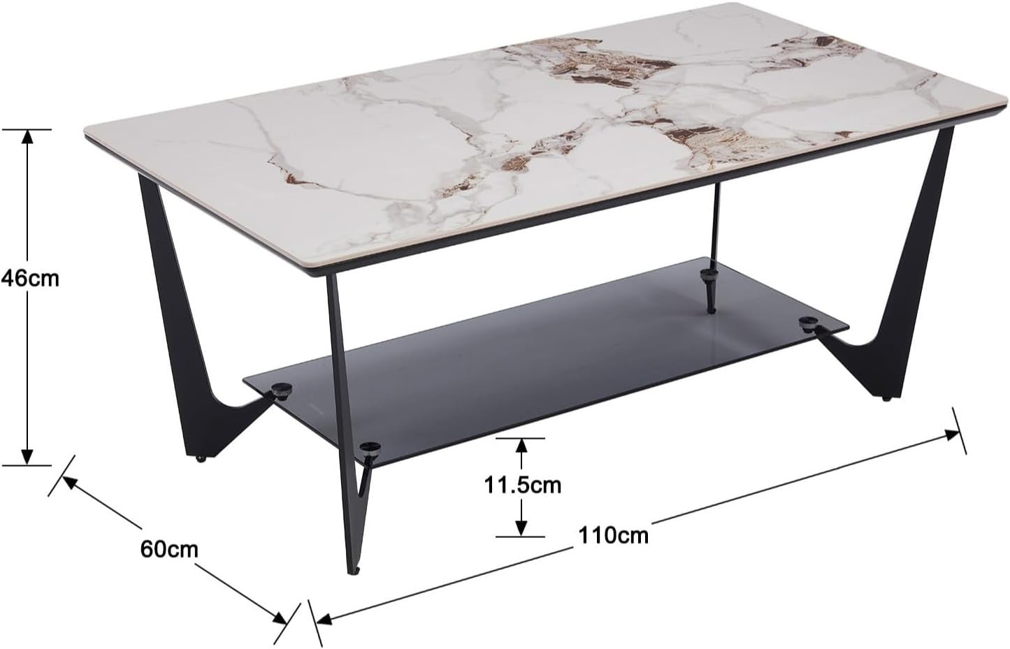 Modern Marble Effect Coffee Table with Glass Shelf & Metal Legs – 110x60cm
