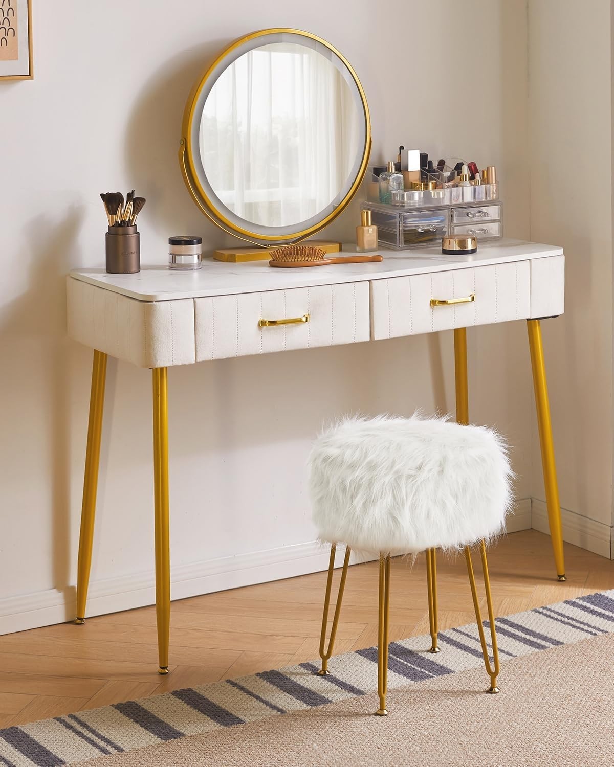 White Round Vanity Stool with Storage – Soft Furry Seat & Metal Legs
