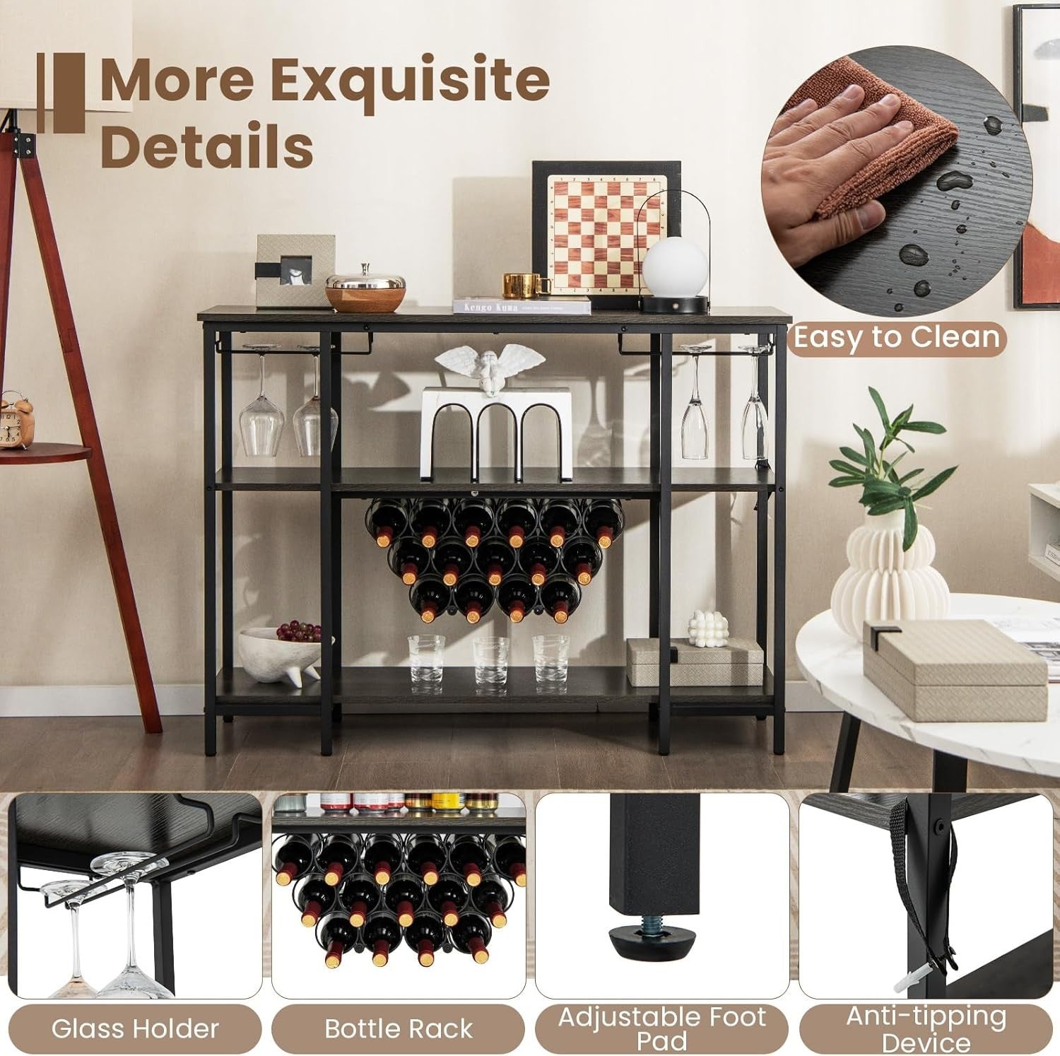 Wine Bar Cabinet with Tabletop, 15 Bottle Rack, Shelves & Charging Ports – Grey