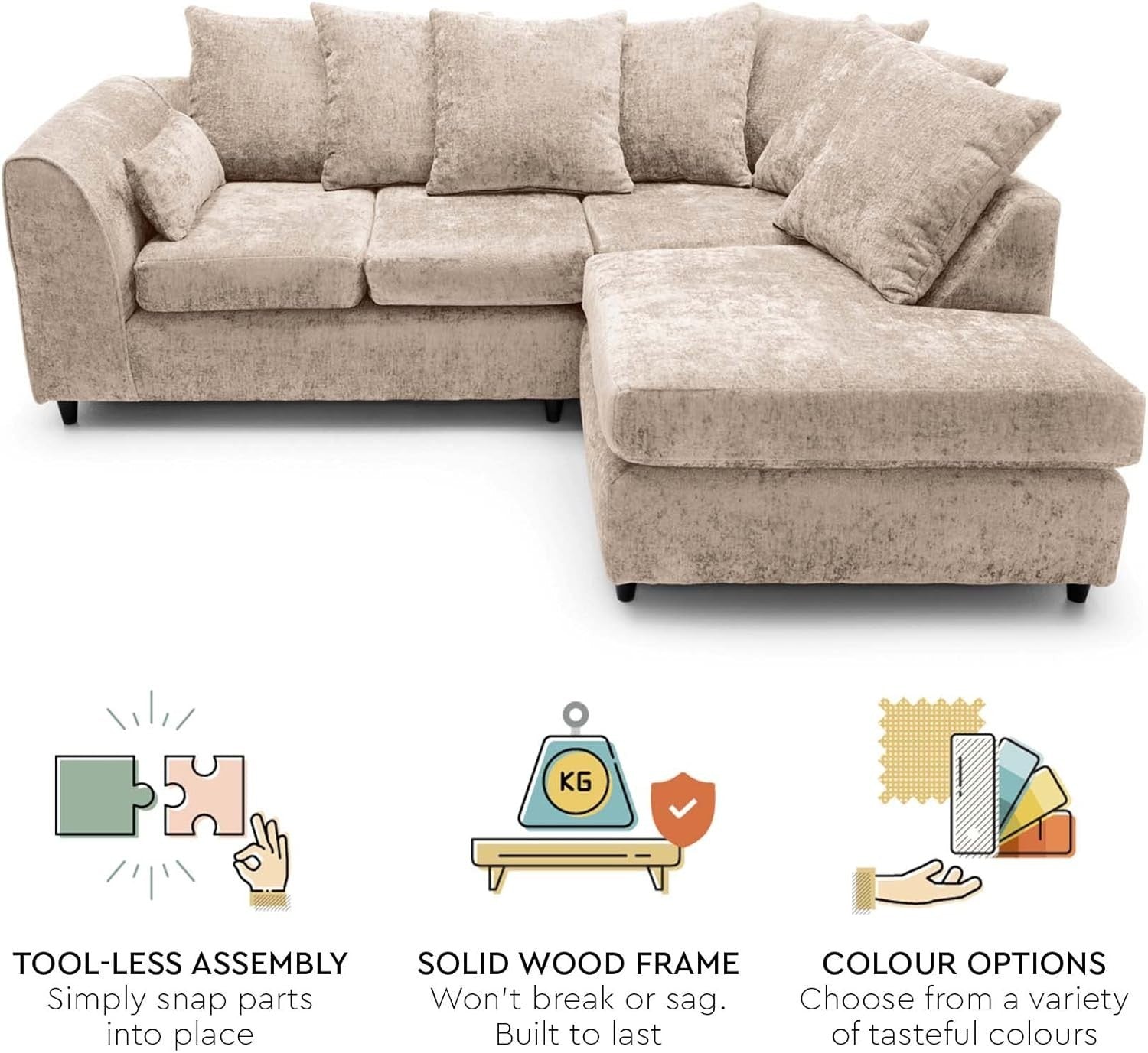 Cream L-Shaped Chenille Sofa 3-Seater Foam Cushions Modern Living Room