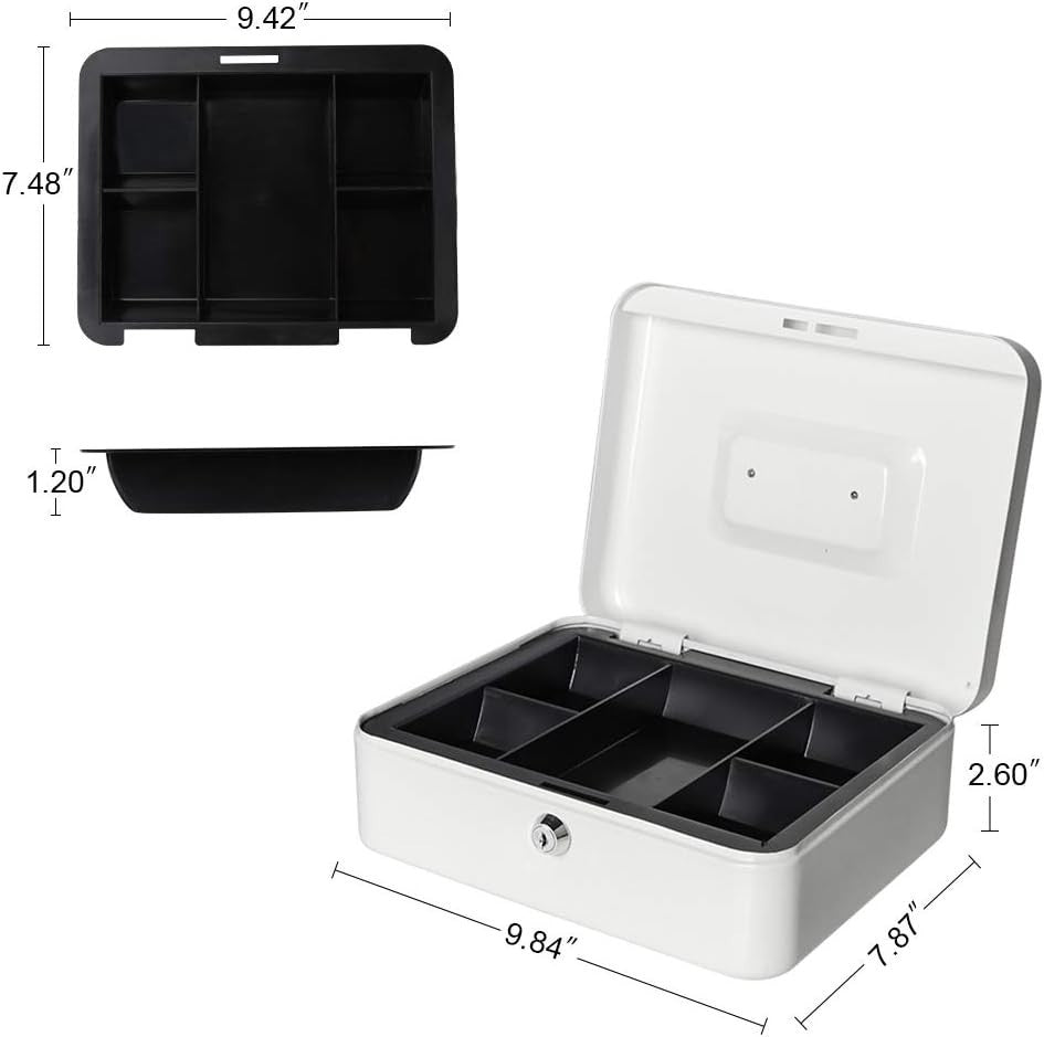 Lockable Cash Box Money Tray Coin Organizer Safe Box with Keys White