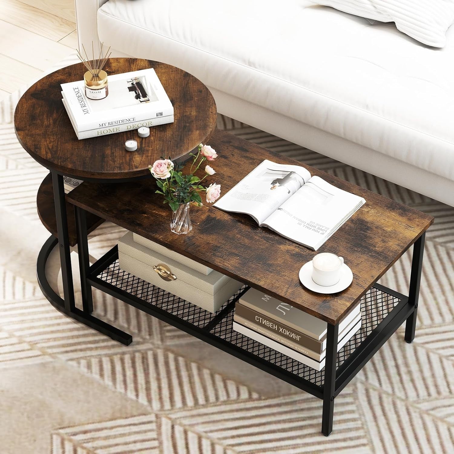 Nesting Coffee Table Set 2PCS Black Rustic Brown Faux Marble End Tables
