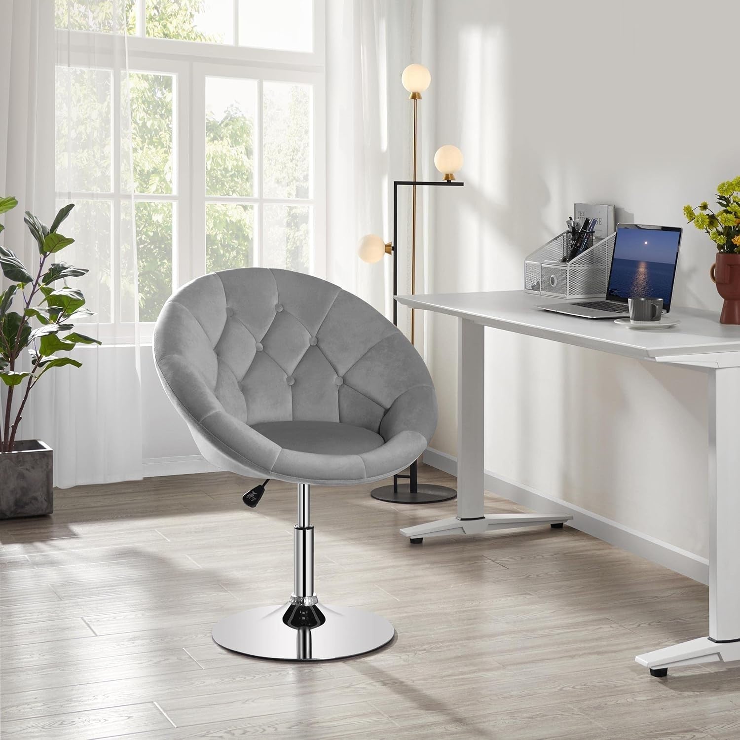 Grey Velvet Swivel Vanity Chair Adjustable Tufted Armchair for Makeup Room
