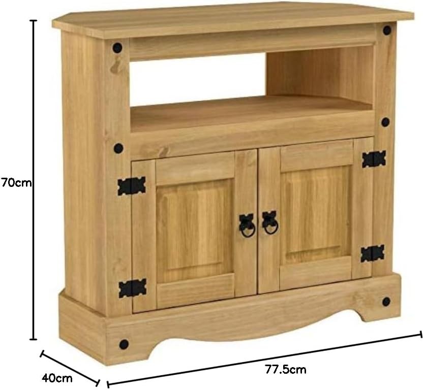 Rustic Solid Pine Corner TV Cabinet 2 Door Storage Unit 77cm Natural Wood