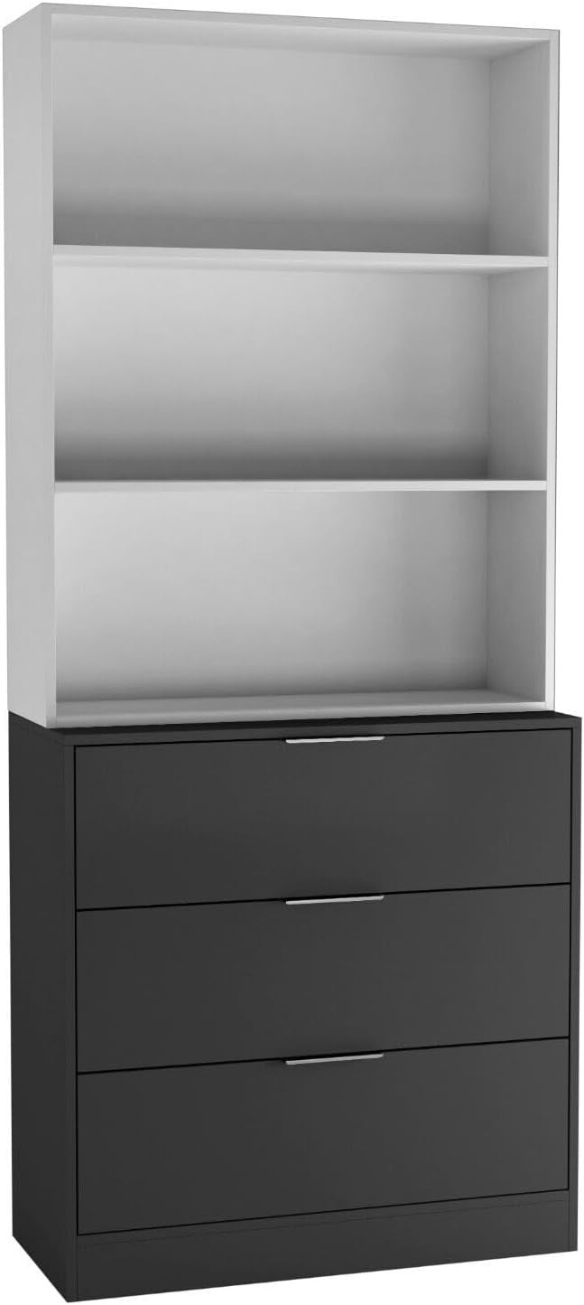 3 Drawer Storage Chest with Tall White Bookcase Black Unit 60cm Shelving Combo