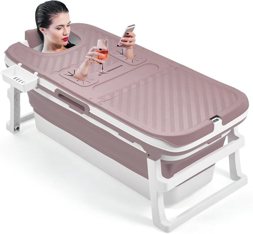 Portable Foldable Adult Bathtub 135x54x61cm Pink Spa Bath with Lid & Massage