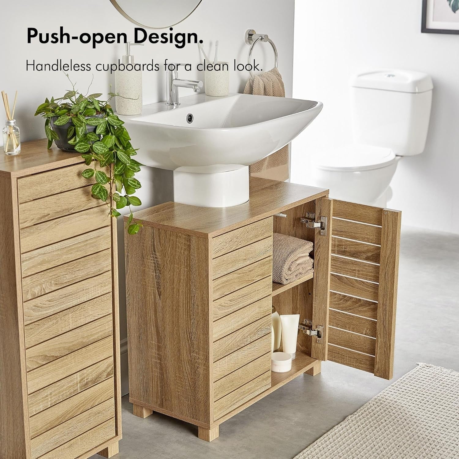 Under Sink Bathroom Cabinet Oak Effect with 2 Shelves Space-Saving Storage