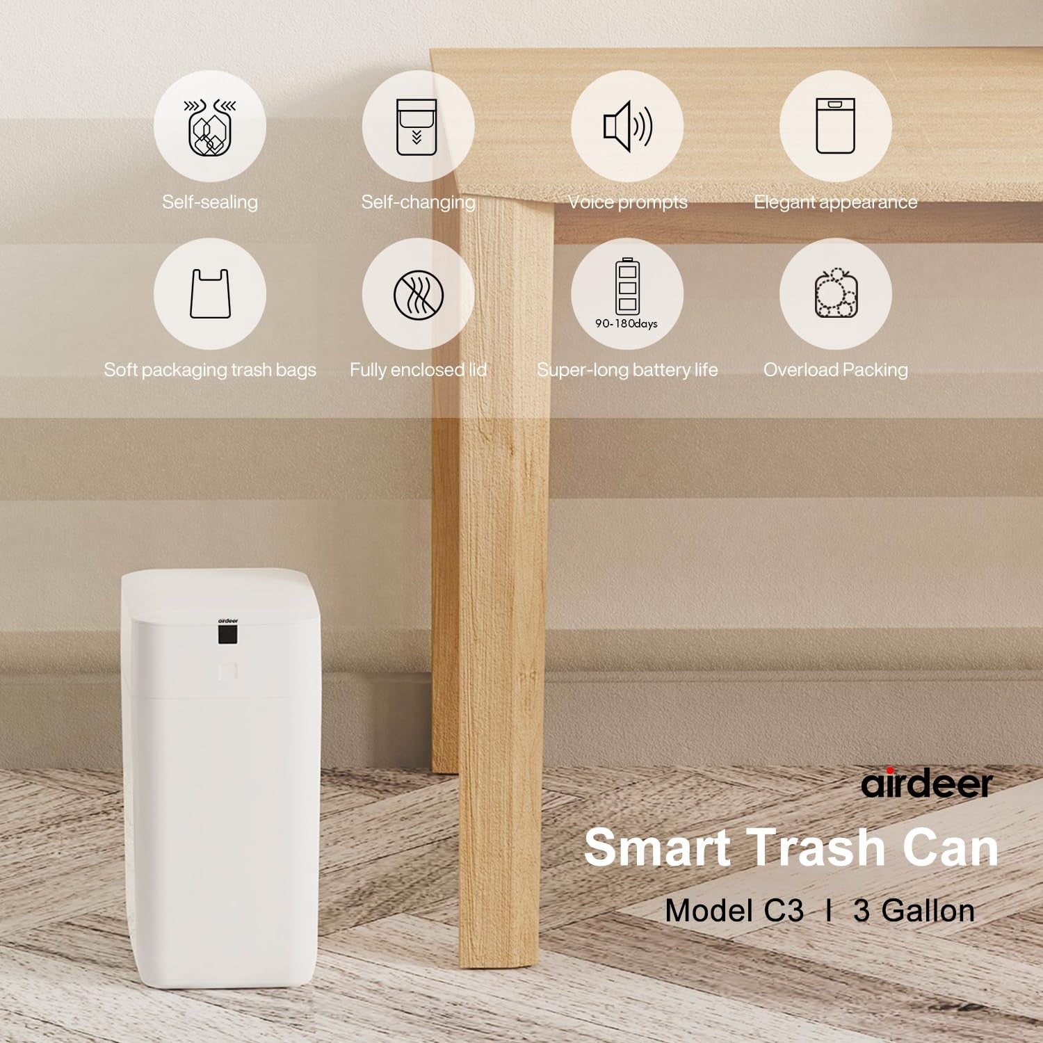 3 Gallon Touchless Smart Trash Can Self-Sealing Automatic Bin