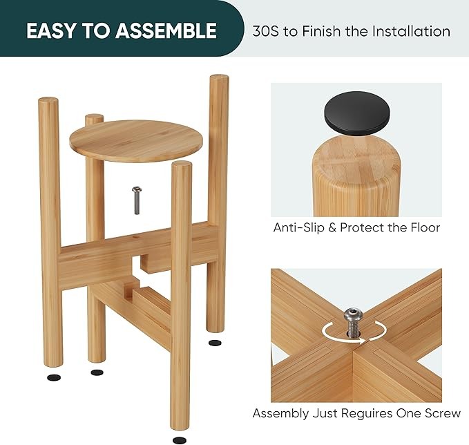Adjustable Bamboo Plant Stand 2 Pack with Removable Tray for Indoor Pots 20–30cm