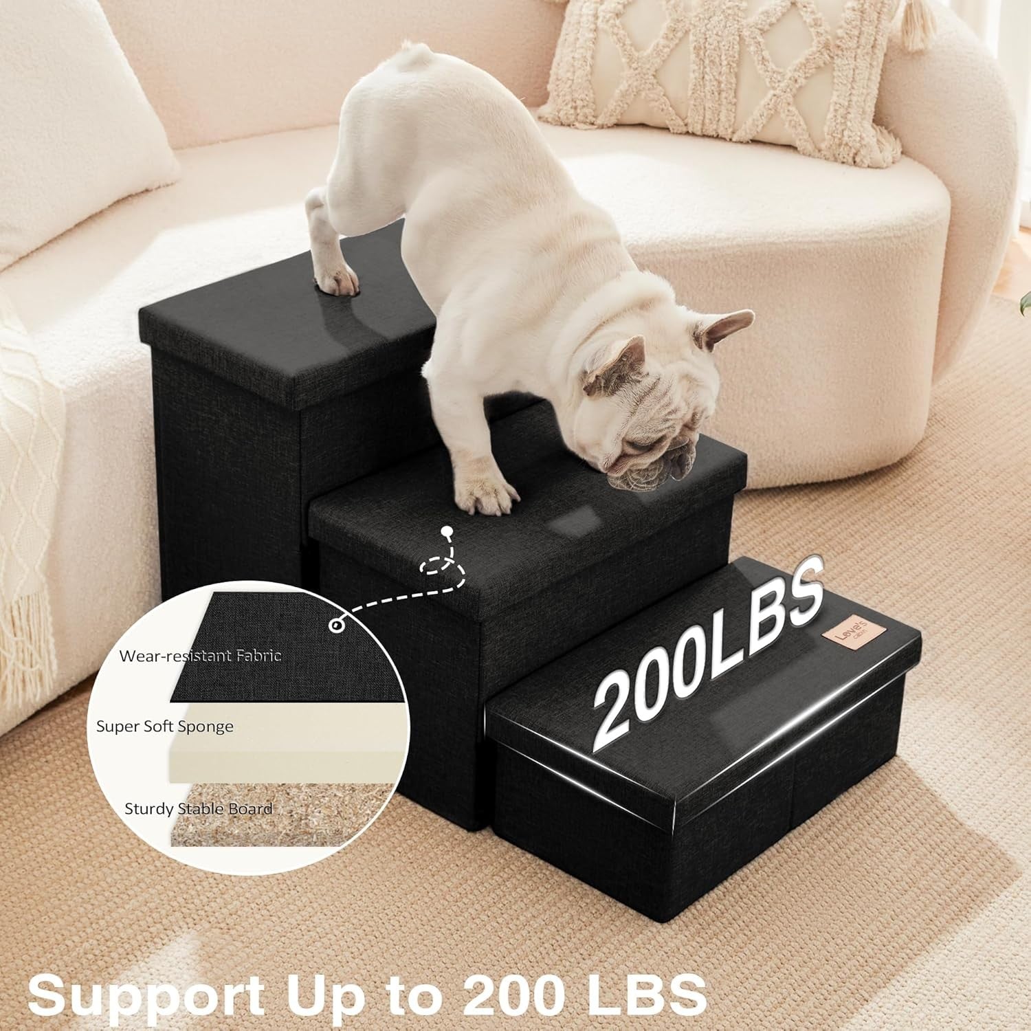 Dog Stairs 3 Step with Storage 18" High Foldable Pet Steps Black