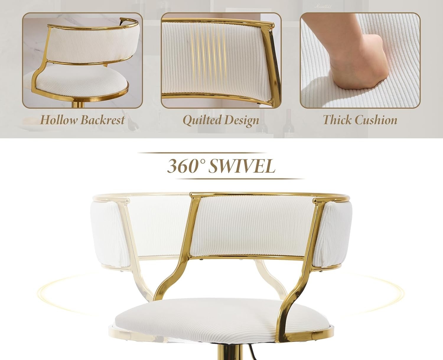 Beige Velvet Swivel Bar Stools Set of 2 – Adjustable Counter Chairs
