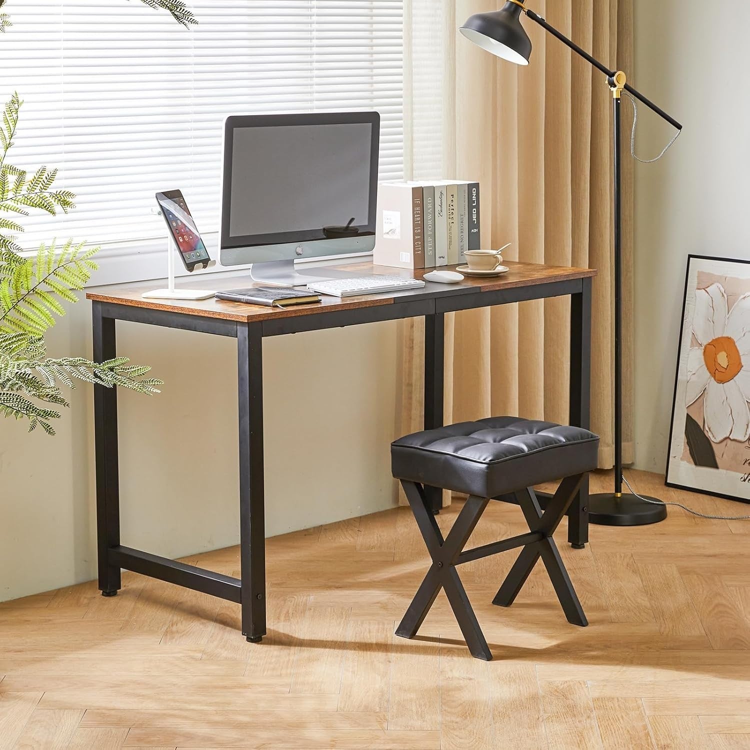 Black PU Square Makeup Stool with X-Leg Base – Vanity Footrest Ottoman