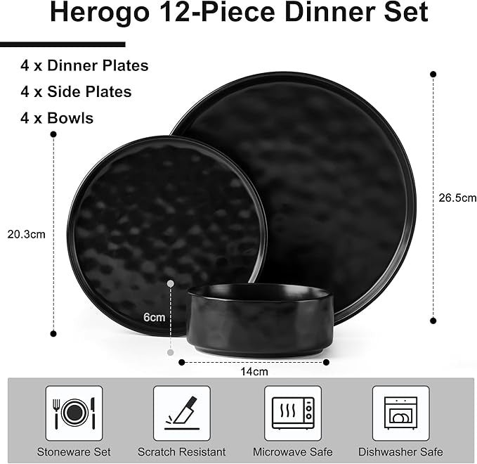 12 Piece Matte Black Stoneware Dinner Set for 4 Reactive Glaze Plates Bowls