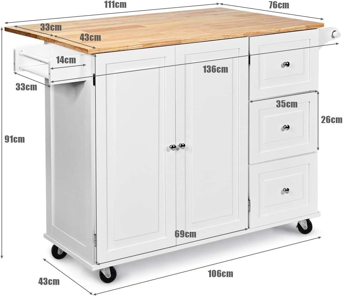 White Rolling Kitchen Island Cart with Extendable Top, 3 Drawers & Adjustable Sh