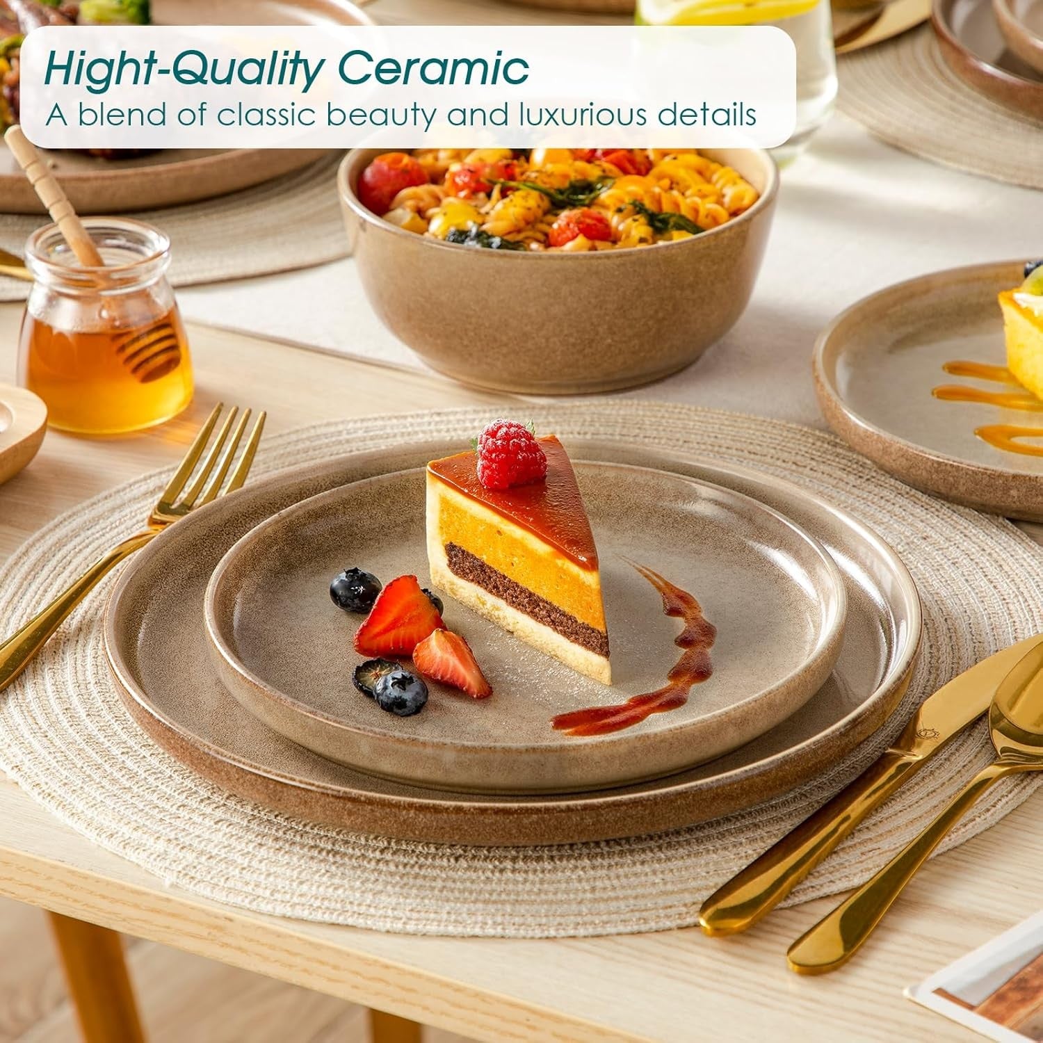 18pc Ceramic Dinner Set Caramel Plates Bowls Microwave Dishwasher Safe