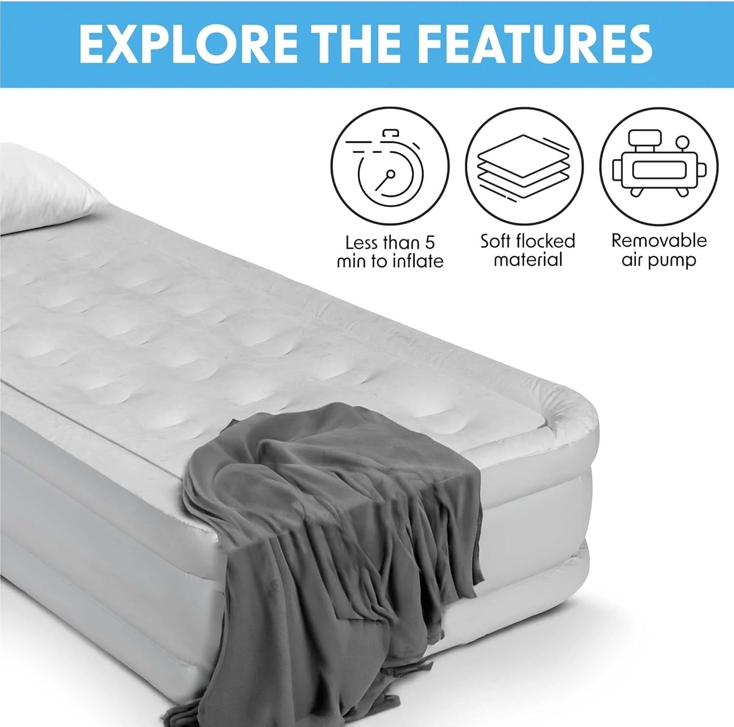 Single High Raised Inflatable Air Bed with Electric Pump & Flocked Surface