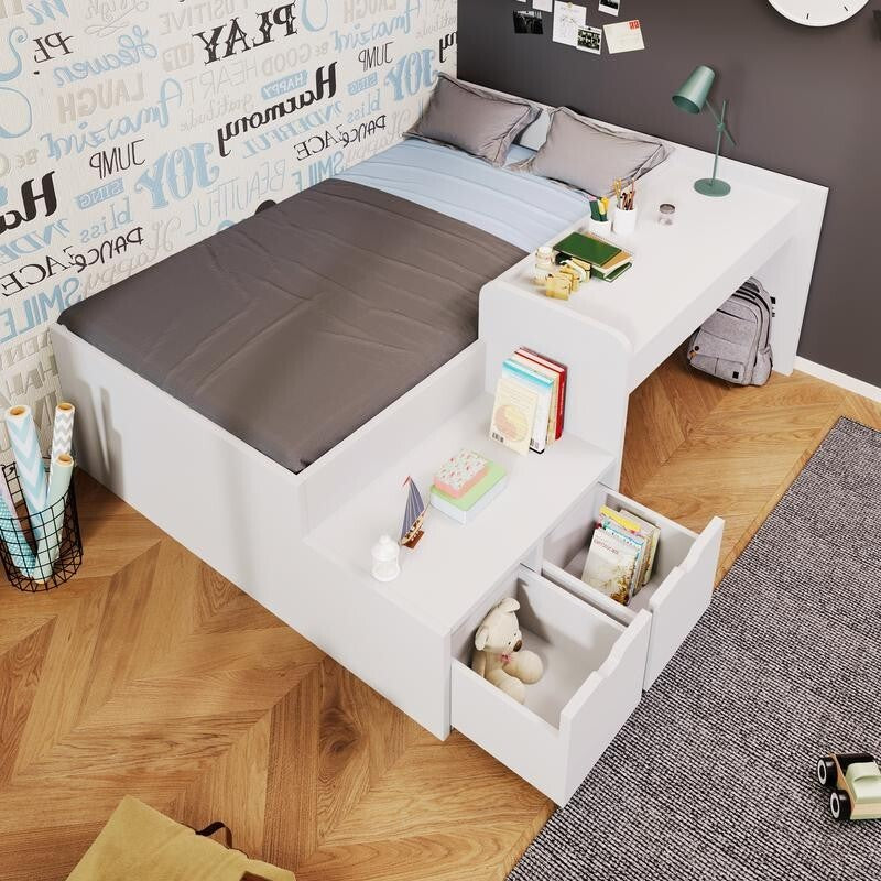 3FT Kids White Bed with Desk & Drawers | Wooden Single Storage Bed 90x190cm