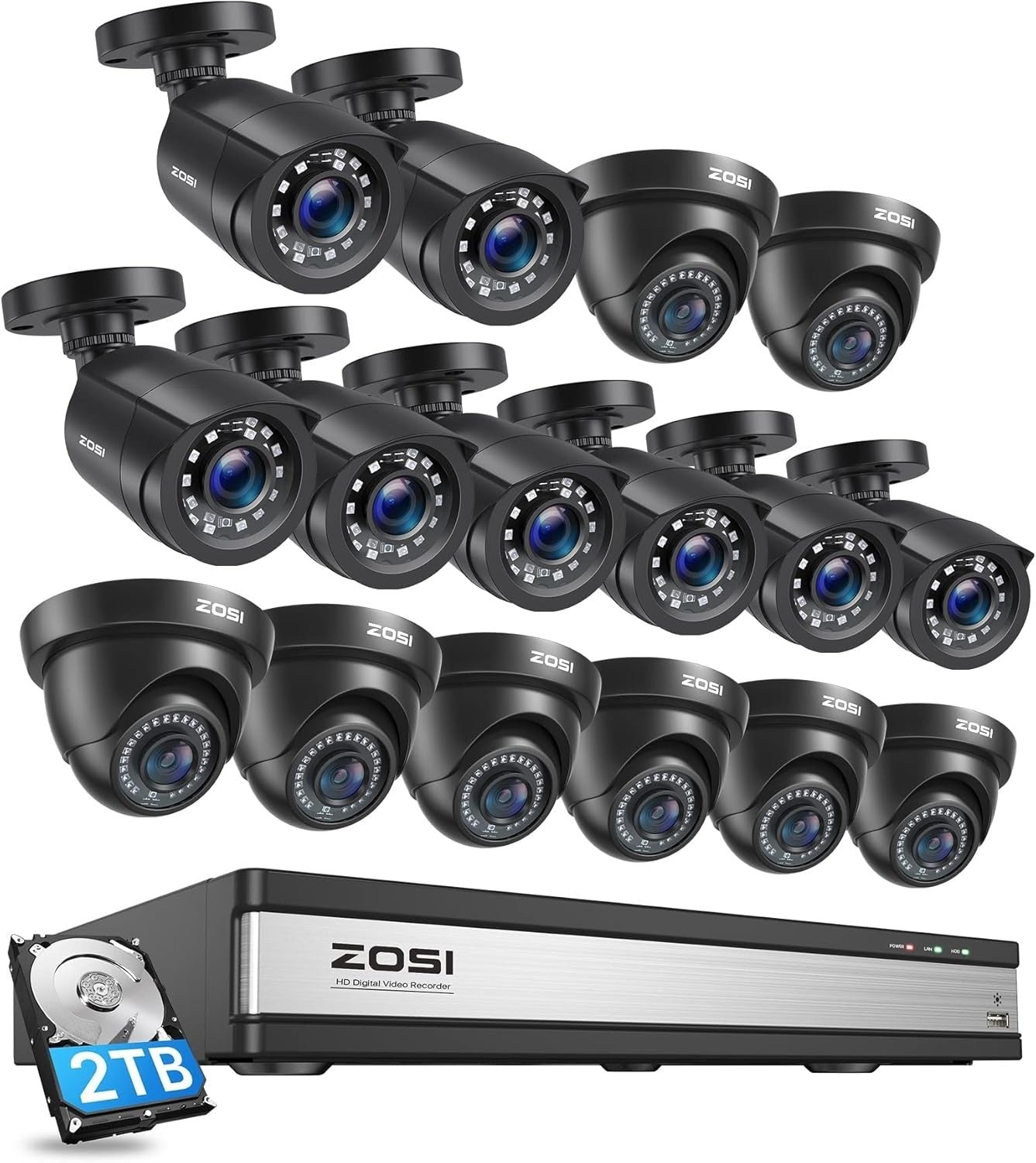 1080P CCTV Security Camera System 16CH DVR 2TB HDD 16 Cameras AI Alert