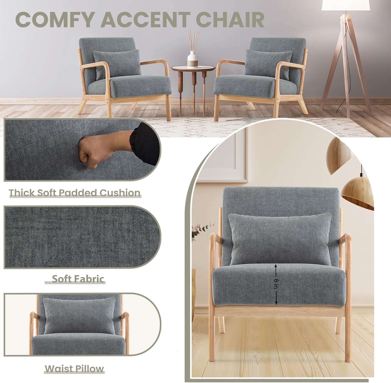 Mid Century Accent Armchair Wood Frame Lounge Chair Dark Grey