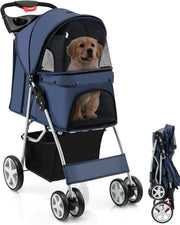 Blue Pet Stroller Foldable Dog Cat Pushchair 15kg Storage Basket