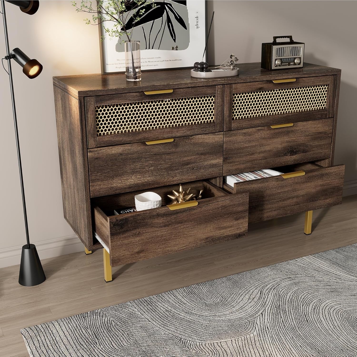 Wood Sideboard Cabinet 120cm 6 Drawer Storage Unit Metal Legs Modern Hallway