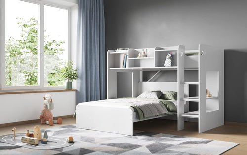 Triple L Shaped Bunk Bed with Storage Shelves Kids Safe White Wood
