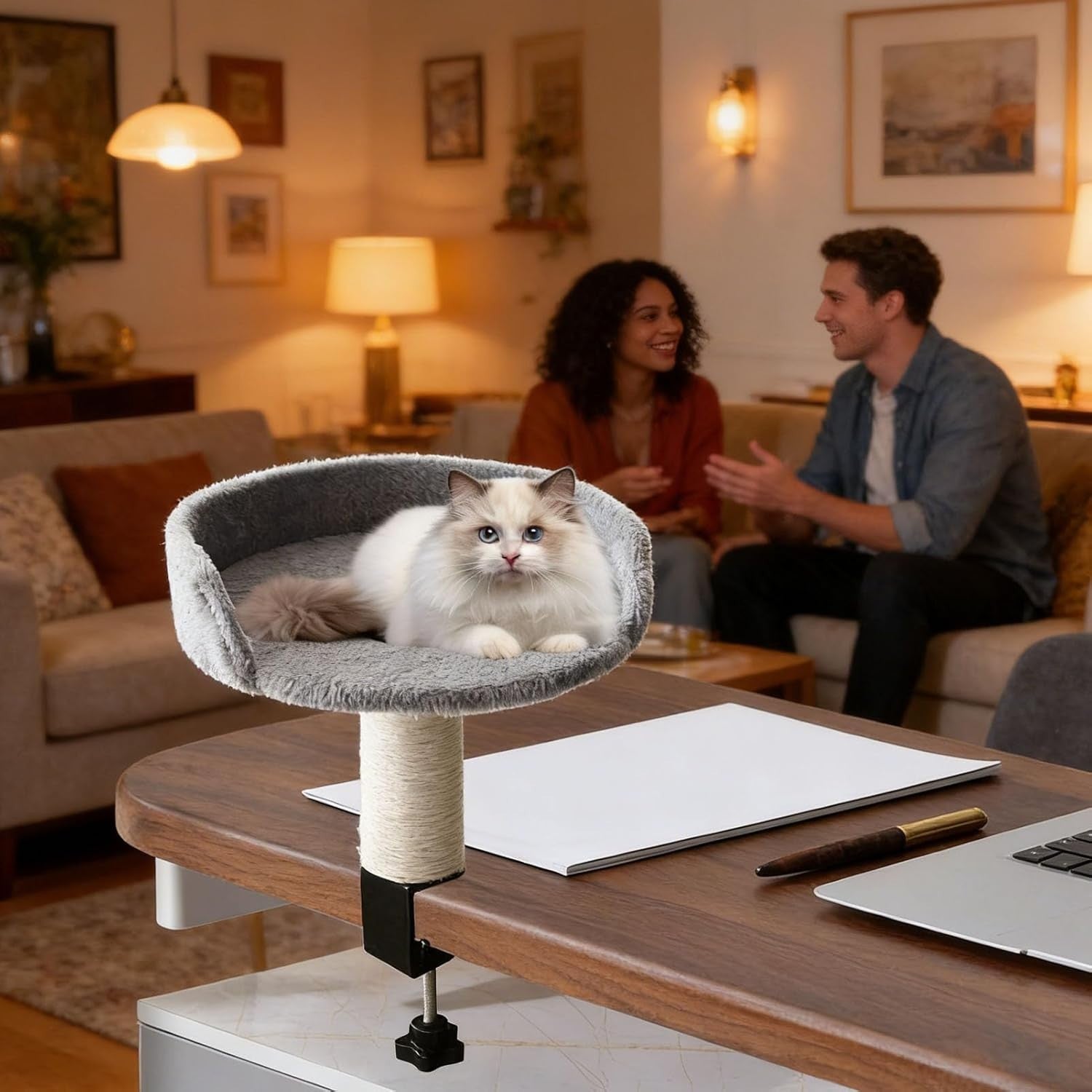 360° Rotating Cat Desk Bed Clamp On Hammock w/ Scratching Post