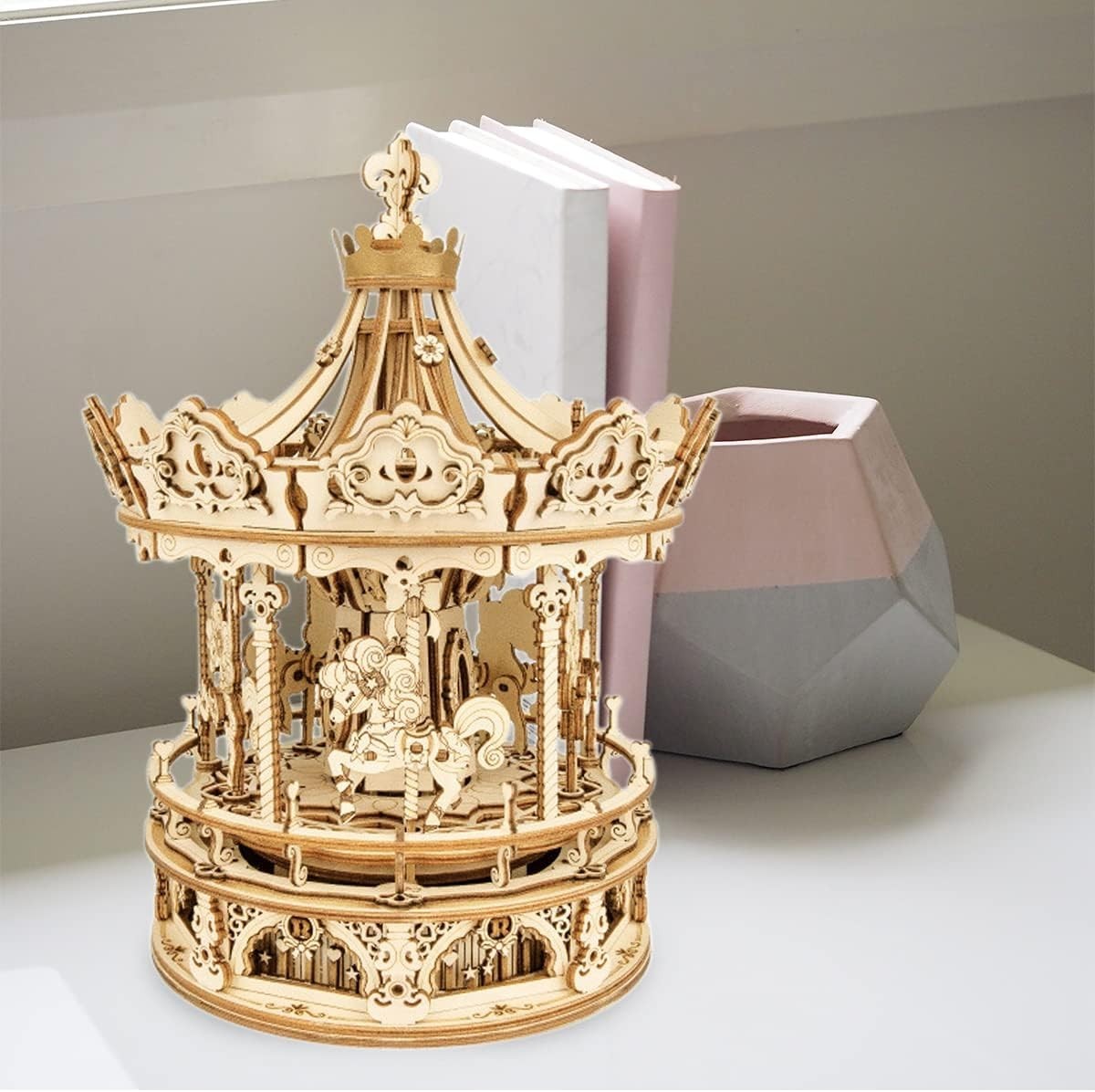 3D Wooden Music Carousel Puzzle with Mechanical Rotation & Light