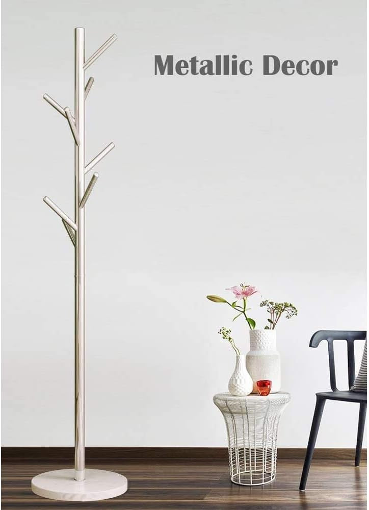 Modern Freestanding Coat Rack Metal Stand | Marble Base Silver Hall Tree